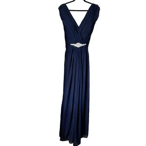 NWT Evening Gown 3X Formal Navy V Neck Flowy Glam Sleeveless Pleated Top Sexy